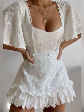 Showpo. White Embroidered Mini Dress Size 4 Fancy a Spritz with Square Neck